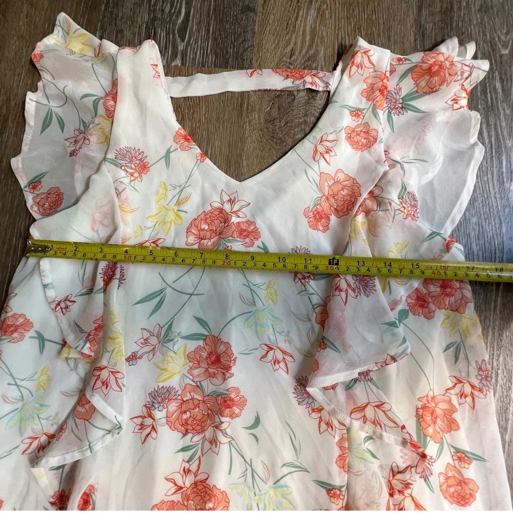 Brand Floral Ruffle Blouse Womens Size S White Orange V-Neck Chiffon Top